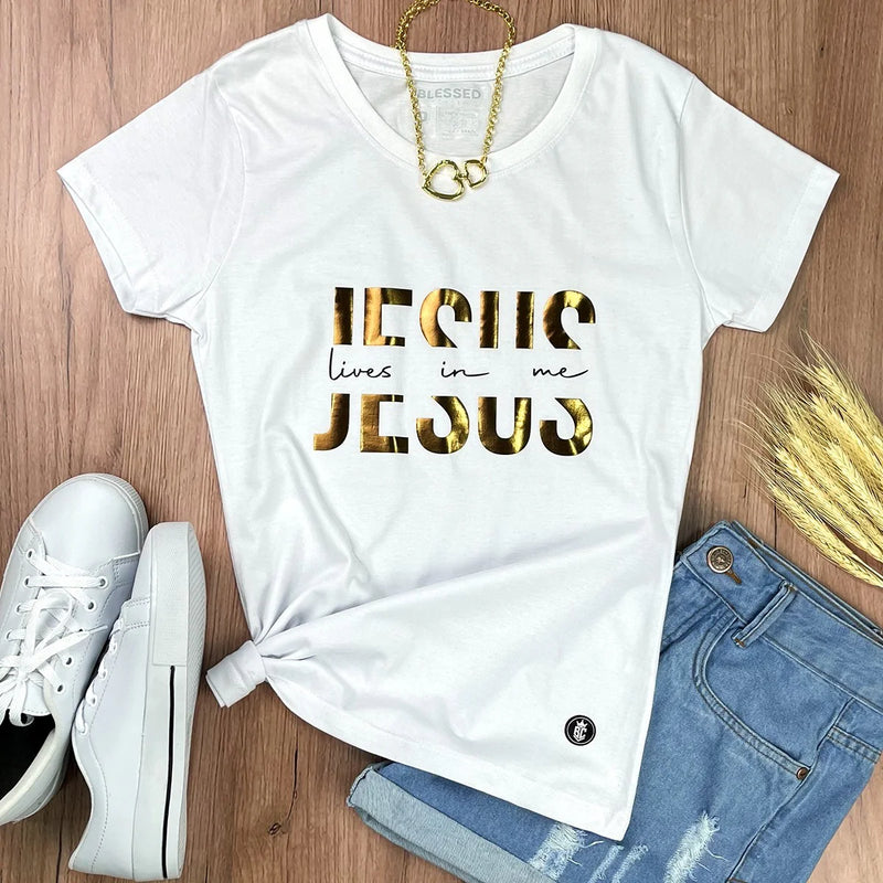 Camiseta Feminina Branca Jesus Lives In Me