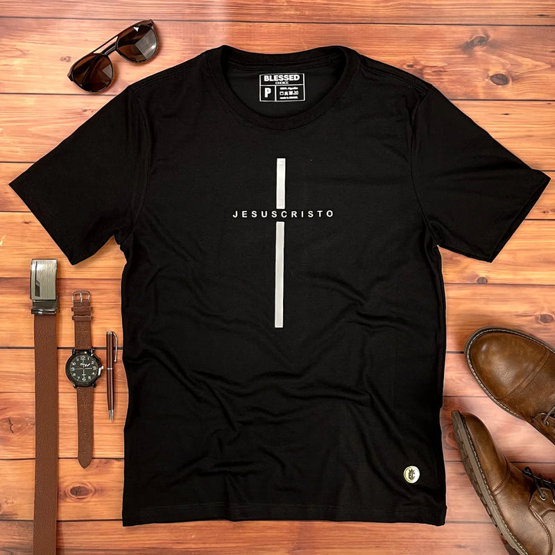 Camiseta Masculina Preta Jesus Cristo Cruz Prata