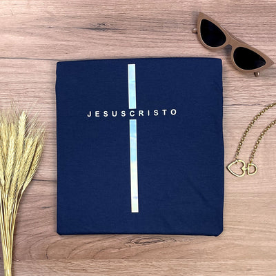 Camiseta Feminina Azul Cruz Prata Jesus Cristo