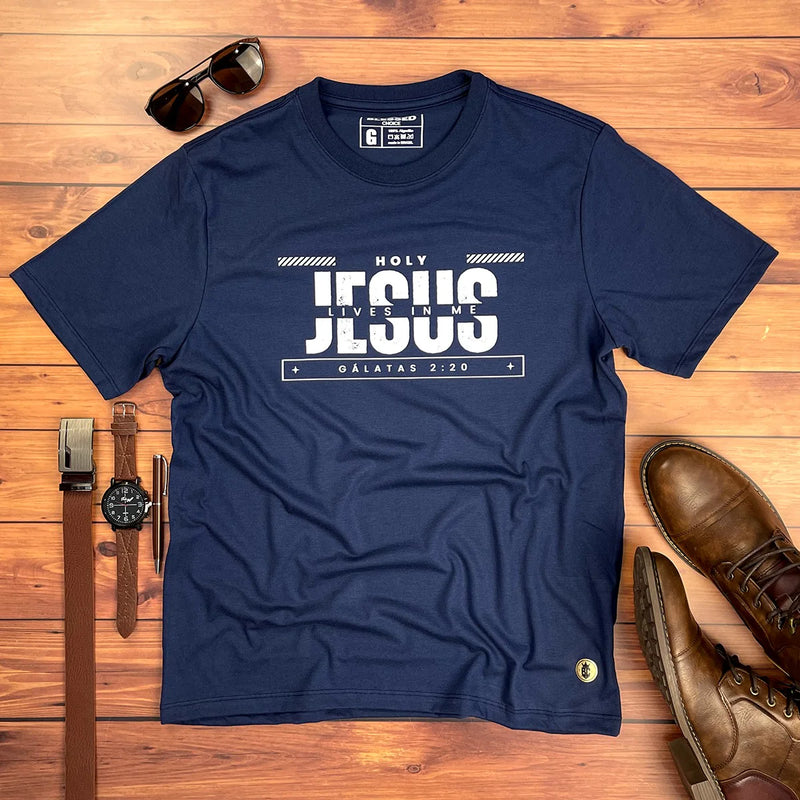 Camiseta Masculina Azul Holy Jesus Lives In Me